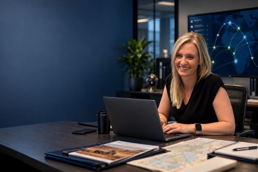 Approver Travel consultant at her desk reviewing traveller itineraries on a laptop, with a global route map on screen behind her.
