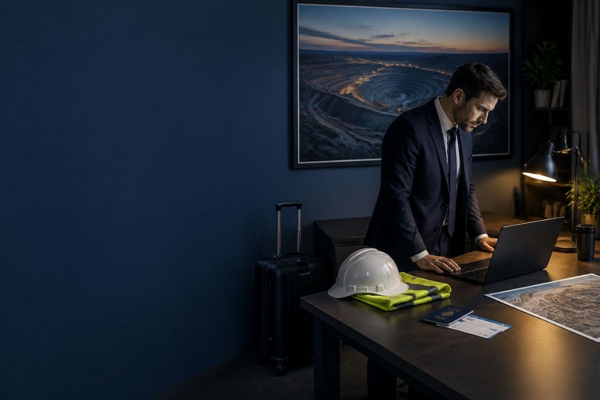 Mining executive checking flights beside a hard hat, hi-vis vest and carry-on bag while preparing for Mining Indaba travel